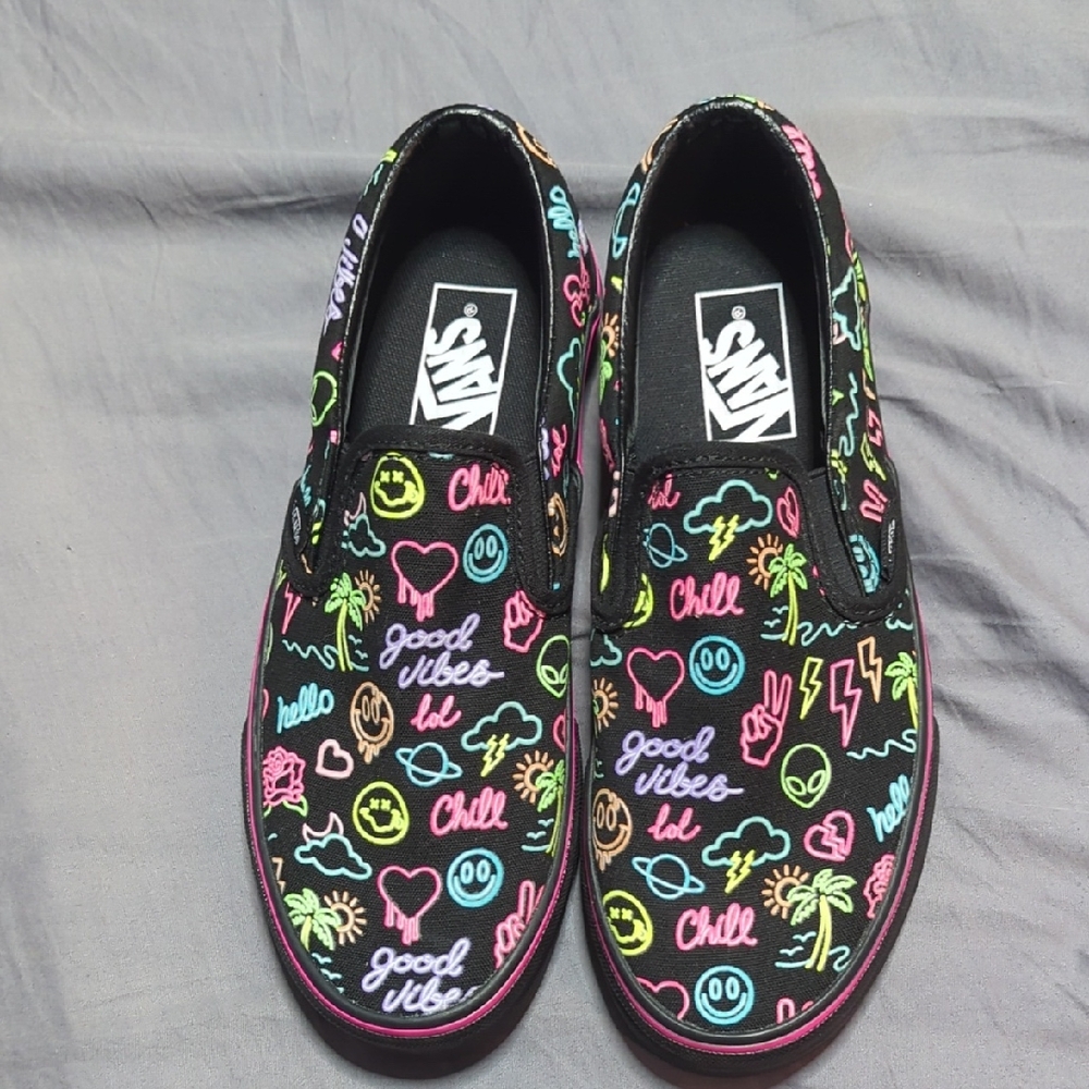 Vans Kids' Black Slip-On Sneakers with Neon Graphics